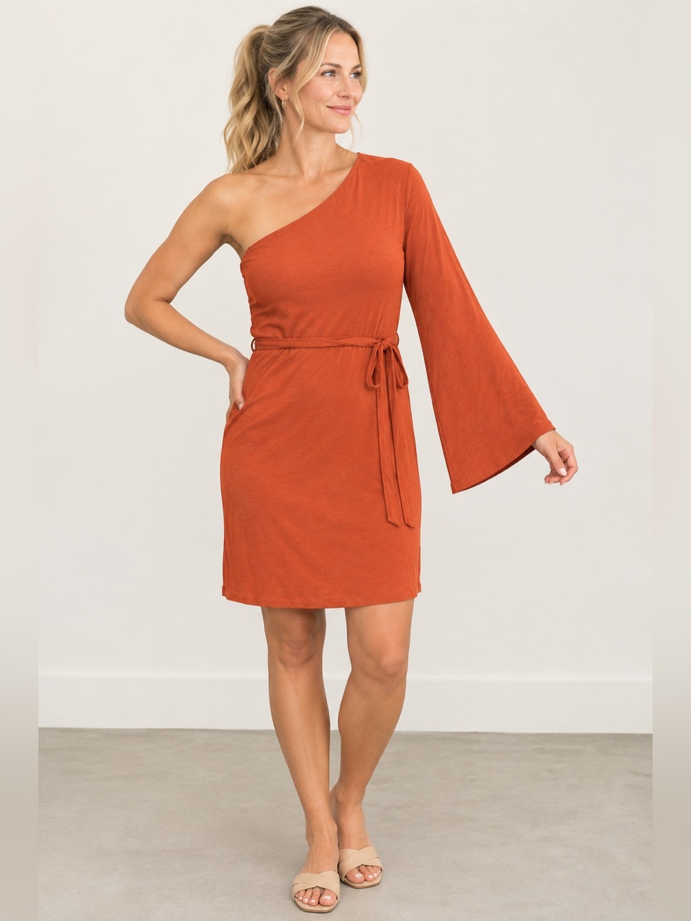 H&M Rust Orange One-Shoulder Bell Sleeve Tie-Waist Mini Dress, Size Small